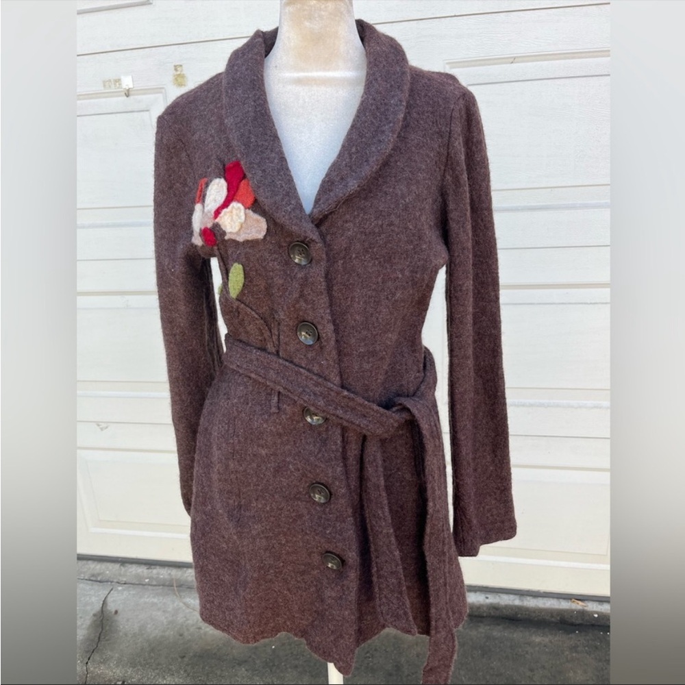 Women's Cynthia Rowley Long Cardigan Sweater Appliqué Flowers Pockets brown S